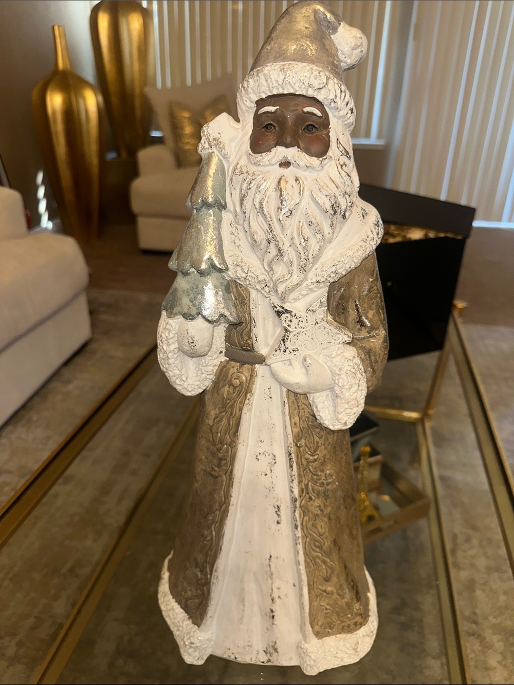 Festive Gold and White African American Santa Figurine
